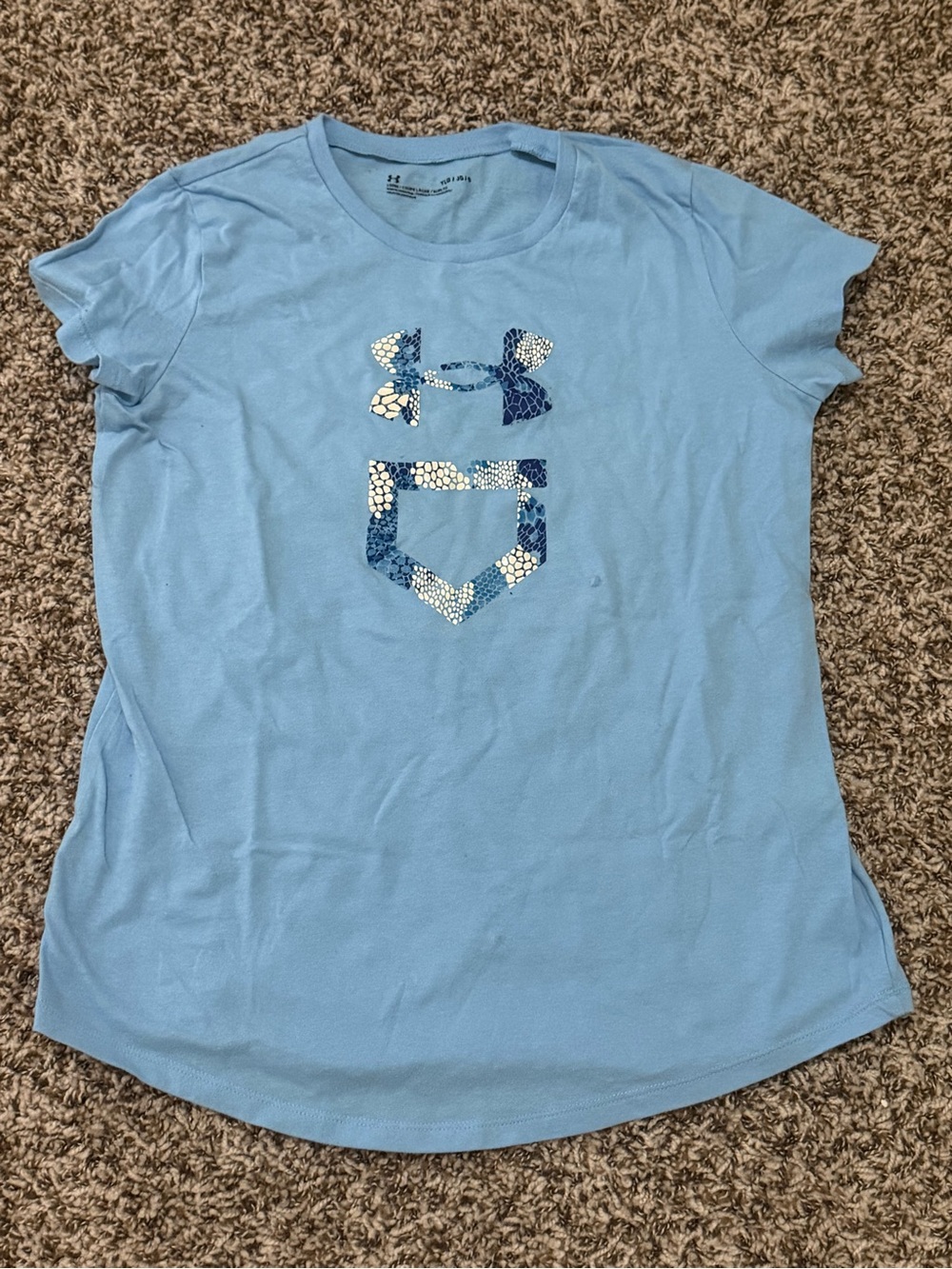 Under Armour Women's Light Blue Tee with Navy Patterned Logo